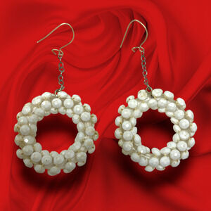 Vintage Y2K White Beaded Circle Oversized 2" Pierced Dangle Earrings New Wave